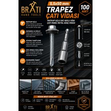 BRATİ HAND TOOLS 5,5X50 Çatı Vidası Trapez Sac Vidası Çatı Panel Metal Vida 100 Adet Trapez Çatı Vidası M8 Adaptörlü