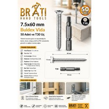 BRATİ HAND TOOLS 7.5X60 mm Buldex Vida 50 Adet Sivri Uçlu Dübelsiz Beton Vidası Tork Duvar Vidası Buldeks ve T30 x 50 mm Uç