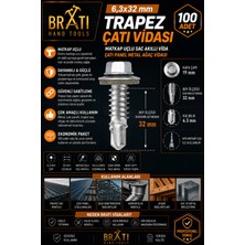 BRATİ HAND TOOLS 6.3X32 Çatı Vidası Trapez Çatı Vidası Panel Vidası M10 Adaptörlü 100 Adet Trapez Vida