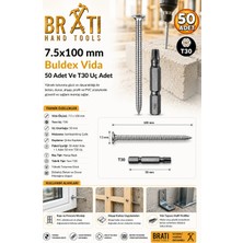 BRATİ HAND TOOLS 7.5X100 mm Buldex Vida 50 Adet Sivri Uçlu Dübelsiz Beton Vidası Tork Duvar Vidası Buldeks ve T30 x 50 mm Tork Uç
