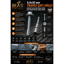 BRATİ HAND TOOLS 5,5X32 Çatı Panel Vidası Trapez Sac Vidası Matkap Uçlu Sac Çatı Panel Metal Vida 100 Adet Adaptörlü
