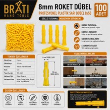 BRATİ HAND TOOLS 8mm Roket Dübel Profesyonel 8mm Plastik Sarı Dübel 8*50 (100 Adet)