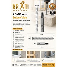 BRATİ HAND TOOLS 7.5X80 mm Buldex Vida 50 Adet Sivri Uçlu Beton Vidası Tork Duvar Vidası Buldeks ve T30 x 50 mm Uç
