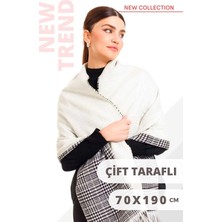 Meschain Meschaın Çift Taraflı Beyaz Renk Ekoseli Yünlü Omuz Şalı 70X190CM Bağlanabilir Kışlık Kareli Kadın A