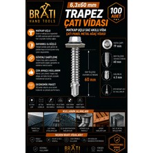 BRATİ HAND TOOLS 6.3X60 Çatı Trapez Çatı Vidası Panel Vidası M10 Adaptörlü ve 100 Adet Trapez Vida Çatı Vidası