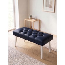 Kayser Home Modern Kapitoneli Lacivert Deri Kumaş Bench Puf Oturma Bankı Ahşap Beyaz Ayaklı Demonte 90X45