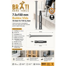 BRATİ HAND TOOLS Buldex Vida 7.5X150 mm 50'li Paket Sivri Uçlu Dübelsiz Beton Vidası Tork Duvar Vidası Buldeks ve T30 Torx Uç