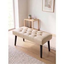 Kayser Home Modern Kapitoneli Krem Deri Kumaş Bench Puf Oturma Bankı Ahşap Siyah Ayaklı Demonte 90X45