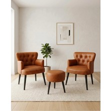 Kayser Home Taba 2’li Berjer Seti Puflu Deri Kumaş Modern Oturma Seti Siyah Ahşap Ayaklı