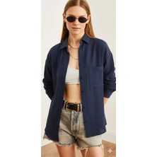 Thiff Gymwear Kadın Oversize Basic Cepli Müslin Gömlek Lacivert / L
