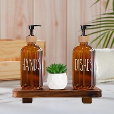 Cam Dispenser Seti – 2’li Amber Şişe (Hands & Dishes Etiketli), Bambu Kapaklı, Sıvı Sabun & Deterjan Pompası
