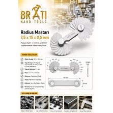 BRATİ HAND TOOLS Radius Mastarı 7,5 x 15 x 0,5 mm Radyüs Mastarı