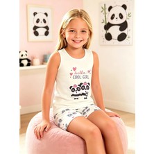 NiCe İç Giyim Kız Çocuk Ekru Renk Sevimli Panda Desen Atlet & Şort Pijama Takım Pamuklu Penye