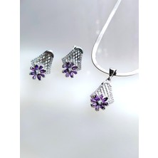 Luna Luster 925 Ayar Gümüş Lotus Çiçek Mor Ametist Taşlı Otantik Tasarım Kadın Mücevher Set Kolye Küpe