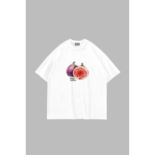 Sekizbiraltı Ficus Carica Baskılı Beyaz Oversize Tshirt