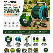 Venoa Meteor VDV25 Kırılmaz Örgülü Makaralı Bahçe Su Hortumu 25 Metre 6 Parça Bahçe Sulama Seti
