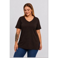 Sea Moda Büyük Beden V Yaka Yırtmaçlı Pamuk Basic Tshirt-Kahve