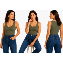 İngegno Body Geniş Bisiklet Yaka Sıfır Kol Viskon Örme Ring Kumaş Body Kadın Haki Renk