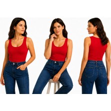 İngegno Body Geniş Bisiklet Yaka Sıfır Kol Viskon Örme Ring Kumaş Body Kadın Kırmızı Renk