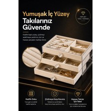 Lizbon Center Üç Çekmeceli Kadife Takı Düzenleyici Şeffaf Kapaklı Mücevher Saklama Kutusu