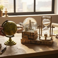Keyfim Shop  Kişiye Özel Dekoratif Dünya Küresi Kum Saati ve Eiffel Kuleli Kar Küresi Vintage Masaüstü Ofis Dekor Seti