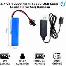 Mete 3.7 Volt 2200 Mah 18650 Li-Ion Şarj Edilebilir Uzaktan Kumandalı Araç Pili ve Şarj Kablosu Siyah 2 Pin Soketli Oyuncak Araba Pili