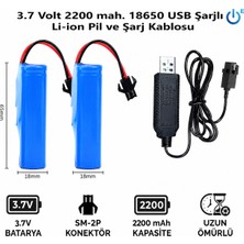 Mete 3.7 Volt 2200 Mah 18650 Li-Ion Şarj Edilebilir Uzaktan Kumandalı Araç Pili ve Yanında Şarj Kablosu Siyah 2 Pin Soketli Oyuncak Araba Pili