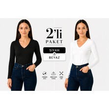 İngegno Body V Yaka Uzun Kol Viskon Örme Kumaş Badi 2 Li Paket Siyah ve Beyaz