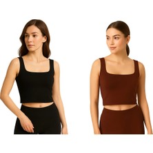 İngegno Body Kadın Geniş Yaka Sıfır Kol Crop %95 Viskon Örme Ring Kumaş 2 Li Paket