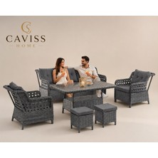 Caviss Home Cavıss Home Monaco Lüks Rattan Bahçe Oturma Grubu 5 Kişilik (3+1+1 ) + 2 Adet Puflu – Bahçe, Teras ve Balkon Mobilya Takımı | Renk Seçenek Minderli, Bahçe Takımı, Balkon Takımı