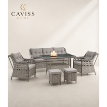 Caviss Home Cavıss Home Monaco Lüks Rattan Bahçe Oturma Grubu 5 Kişilik (3+1+1 ) + 2 Adet Puflu – Bahçe, Teras ve Balkon Mobilya Takımı | Renk Seçenek Minderli, Bahçe Takımı, Balkon Takımı