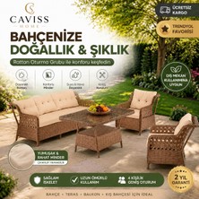 Caviss Home Cavıss Home Monaco Lüks Rattan Bahçe Oturma Grubu 5 Kişilik (3+1+1 ) + 2 Adet Puflu – Bahçe, Teras ve Balkon Mobilya Takımı | Renk Seçenek Minderli, Bahçe Takımı, Balkon Takımı