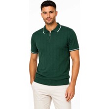 Zenviaa Erkek Fitilli Triko T-Shirt Polo Yaka Yarım Fermuarlı Kısa Kollu Tişört - Yeşil Zenvia