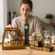 Keyfim Shop Kişiye Özel Vintage Dekoratif Masaüstü Seti Newton Denge Topları Big Ben Saat Kum Saati ve Kar Küresi Ofis Dekoru