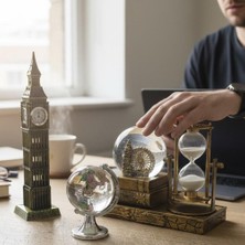 Keyfim Shop Kişiye Özel Dekoratif Big Ben Maketi Kum Saati Dünya Küresi Masaüstü Ofis Dekor Seti