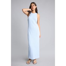 DeFacto Bodycon Vücudu Saran Halter Yaka Ribana Kolsuz Açık Mavi Maxi Elbise H7119AX26SM