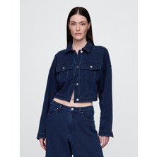 Gap Kadın Koyu Mavi Fransız Havlu Kumaş Crop Icon Denim Ceket