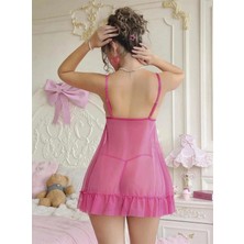 Kapsulavm Arias Closet Fuşya Dantel Işlemeli Göğüs Dekolteli Fiyonklu Fantezi String Tül Gecelik Takımı