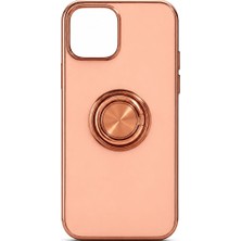 iPhone 12 Uyumlu Yüzüklü Nikelaj Silikon Kılıf (Ring Stand) – Rose Gold | Yüzük Standlı Yükseltilmiş Kamera Çerçeveli Kılıf