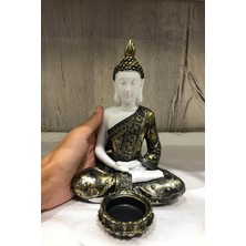 Miamantra Pirinç Görünümlü Beyaz Buda Tealight Mumluk - Meditasyon Duruşlu - 15cm