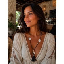 Vintage Takı Bohem Sedef Çiçek ve Püskül Detaylı Boncuklu Kolye & Datça Stili Mistik Otantik Handmade Kolye