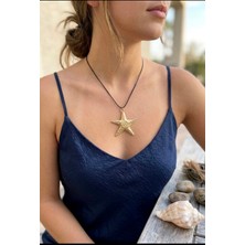 Vintage Takı Siyah Deri Ipli Etnik Otantik Sarmal Spiral Gold Yıldız Kolye