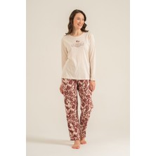 Pierre Cardin Kadın Leaves Krem Uzun Kol Pijama Takım PC9263-S-V1 PC9263-S-V1