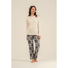 Pierre Cardin Kadın Krem Düğmeli Yaka Uzun Kol Pijama Takım PC9285-S-V2 PC9285-S-V2