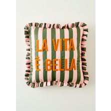 Bella Maison %100 Pamuk Yeşil Fırfırlı Kırlent Kılıfı 43x43 cm Line Punch Desenli Şık Tasarım