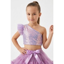 Le Mabelle Lila  Pullu Tek Omuzlu Kolu Tül Detaylı Kız Çocuk Crop Bluz - Bianca
