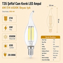 Heka T35 Şeffaf Cam Kıvrık LED Ampul 6W E14 6500K Beyaz Işık Erd-94