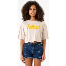 Fallout Lettern Bej Kadın Crop Tshirt