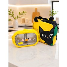 Valkyrie 304 Paslanmaz Çelik Çocuk Beslenme Kabı Kedili Termal Çantalı 2 Bölmeli Lunch Box Yemek Kabı