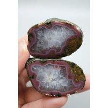 Healcrystal Renkli Almus Akik Çifti, Magenta Pembe Kırmızı Bantlı Siyah Deniz Akik